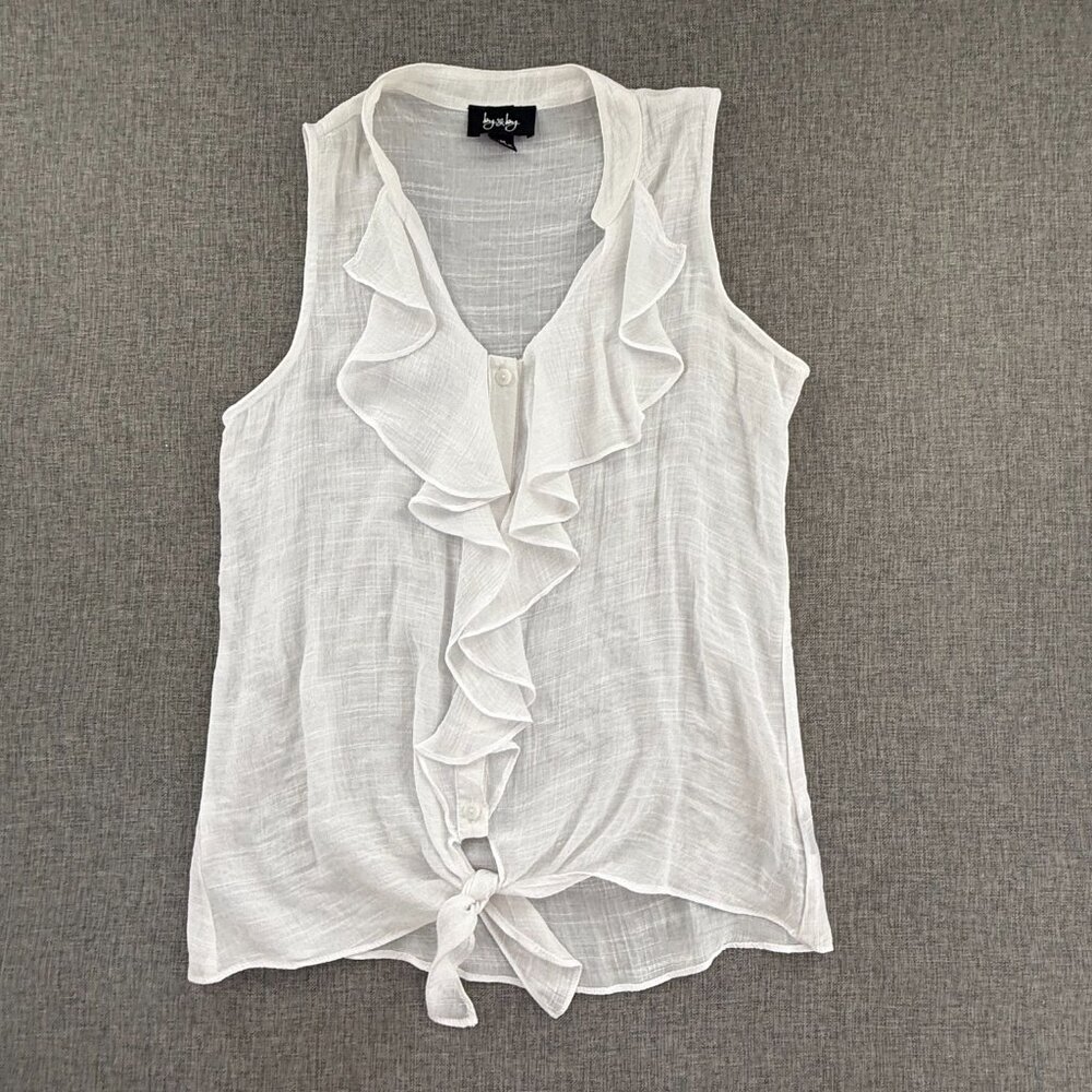 By & By Button Top Ruffled Semi Sheer Lightweight Tie Knot Medium White Low V-Ne